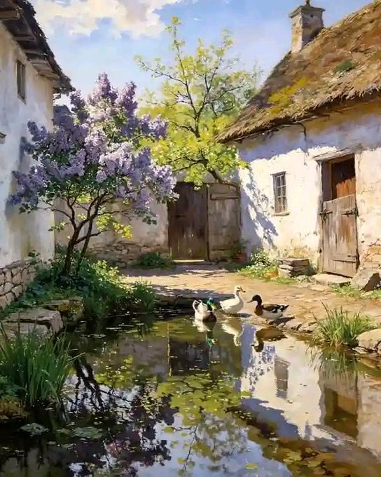 The image features a pond with ducks swimming in it, surrounded by white houses and trees. There are two ducks near the water's edge, while three more ducks can be seen further away from the water. The scene appears to be peaceful and serene, with the ducks enjoying their time in the pond.
