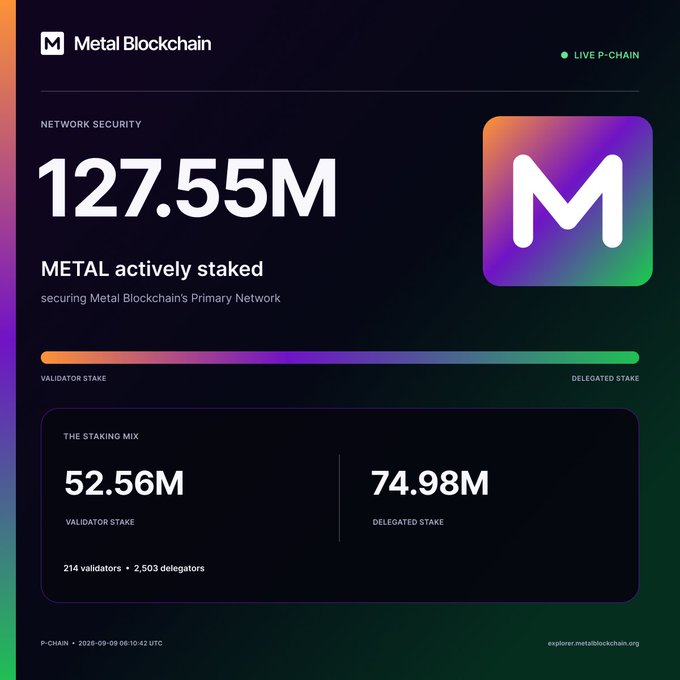 A 'Metal Blockchain' network security dashboard showing 127.55M METAL actively staked, with a breakdown of 52.56M validator stake and 74.98M delegated stake across 214 validators and 2,503 delegators.