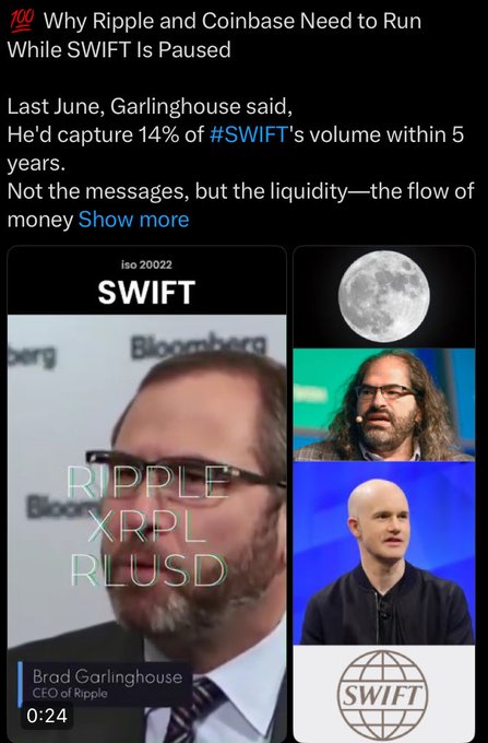 A social media post titled "Why Ripple and Coinbase Need to Run While SWIFT Is Paused" discussing Brad Garlinghouse, CEO of Ripple, capturing 14% of SWIFT's volume, with a video thumbnail and logo.