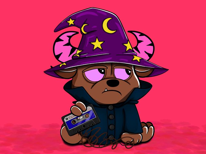 A cartoon bear wearing a purple witch hat decorated with moons and stars, holding a purple cassette tape, set against a pink background.