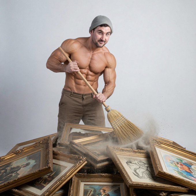 A muscular shirtless man wearing a grey beanie and brown pants sweeps a pile of ornate, framed classical paintings with a straw broom against a grey background.