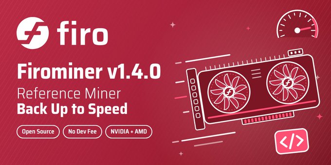 A promotional graphic for 'Firominer v1.4.0' on a magenta background, advertising a Reference Miner that is 'Back Up to Speed' with features including 'Open Source', 'No Dev Fee', and 'NVIDIA + AMD'.