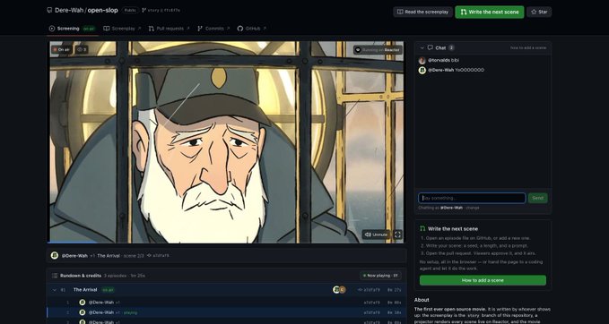 A screenshot of a GitHub page displaying an animation scene of an older bearded man in a military hat inside a vehicle, viewed through a screenplay interface with a chat panel open.