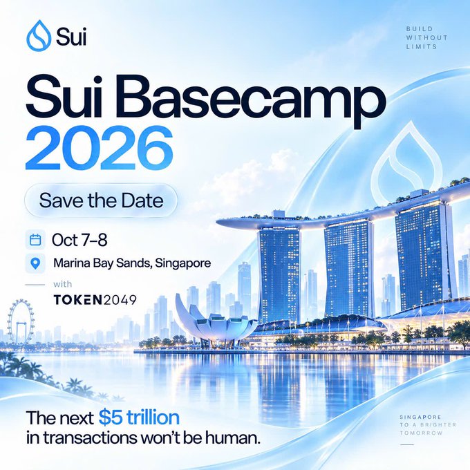 A promotional poster for 'Sui Basecamp 2026' event on October 7-8 at Marina Bay Sands, Singapore, featuring the iconic skyline and tagline 'The next $5 trillion in transactions won't be human.'