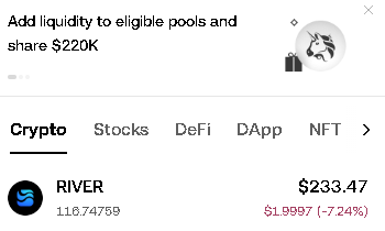 A crypto portfolio screen showing the RIVER token price at $233.47 with a 7.24% loss ($1.9997), displayed below tabs for Crypto, Stocks, DeFi, DApp, and NFT categories.