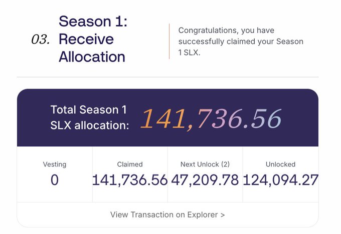 A digital interface screenshot showing a successful claim message for a 'Season 1 SLX' allocation, displaying a total amount of 141,736.56.