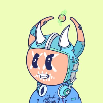 A cartoon illustration depicts a crying pink-skinned character wearing a blue helmet with horns and headphones, holding a small green creature above their head against a light green background.