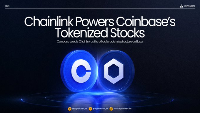 A CryptoMooners news graphic announcing that Chainlink has been selected as the official oracle infrastructure for Coinbase's tokenized stocks on Base, featuring the Coinbase and Chainlink logos.