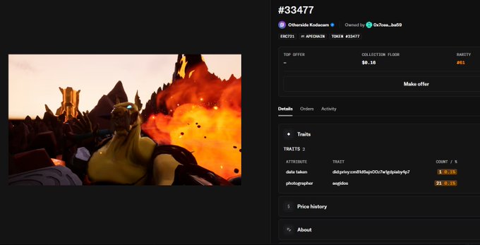 A screenshot of an NFT marketplace listing for an animated artwork titled 'ENC721' on the Cardano blockchain, showing a fiery battle scene with a yellow-clad character, with a top offer of $0.18.