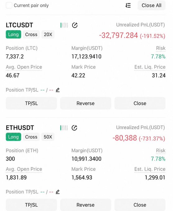 A crypto trading portfolio screenshot showing two losing leveraged long positions—LTCUSDT (20x leverage) down $32,797.284 (-191.52%) and ETHUSDT (50x leverage) down $80,388 (-731.37%)—highlighting the brutal losses from over-leveraged bets on major altcoins compared to easier memecoin gains.