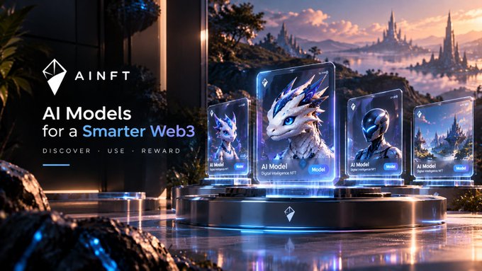 A promotional graphic for AINFT advertising "AI Models for a Smarter Web3" with digital dragon NFT displays, captioned "DISCOVER · USE · REWARD".