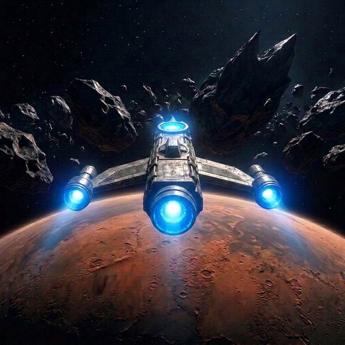 A digital rendering of a sci-fi spacecraft with glowing blue thrusters hovering above a reddish planet, surrounded by an asteroid field in space.