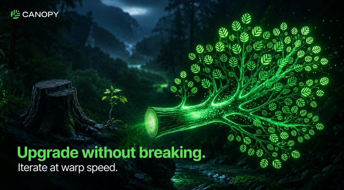 Digital artwork for Canopy featuring a glowing green tree emerging from a stump in a dark forest, with the tagline "Upgrade without breaking. Iterate at warp speed."