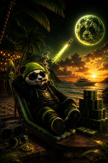 A panda wearing a green beanie and sunglasses lounges in a beach chair smoking, with stacks of cash, a boombox, a glowing green moon, and a rocket in the night sky above.