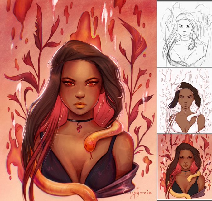 Digital artwork by Euphemia showing a woman with fiery red eyes and orange snake-like accents, accompanied by three progress sketches on the right side.