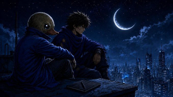 A dark anime-style illustration of a character in a blue cloak sitting on a rooftop beside a duck-headed figure also wearing blue, overlooking a nighttime cityscape with a crescent moon in the sky, with a notebook and pen resting on the ledge.
