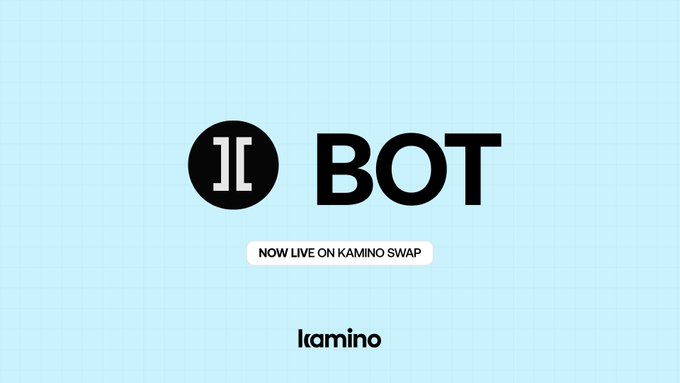 A graphic on a light blue grid background features a black circular logo with two vertical lines, alongside the bold "BOT" text, with a banner announcing "NOW LIVE ON KAMINO SWAP" and the Kamino logo below. The design promotes the $BOT token's launch on Kamino Swap, aligning with the post's announcement of zero-fee trading for the RoboStrategy fund.