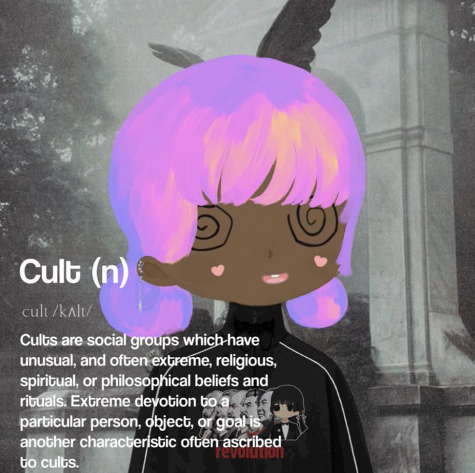 An illustrated 'Cult (n)' definition graphic featuring an anime-style character with purple hair and swirly hypnotic eyes, defining cults as social groups with extreme religious or philosophical beliefs.