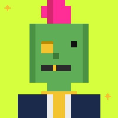 A pixel art illustration of a green-skinned character with a pink mohawk and a gold tooth, wearing a blue and white striped shirt, against a bright yellow background.
