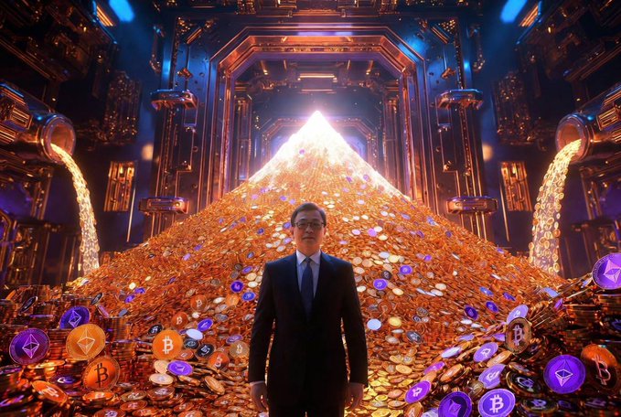 The image features a man dressed in a suit standing next to a large pile of coins, including Bitcoin, surrounded by gold and purple flowers that appear to be floating near him. The scene suggests an association with cryptocurrencies or digital currency, possibly from the post about BitMine của Tom Lee.