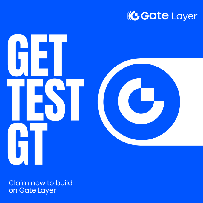 The image features a blue background with white text that reads "Get Test GT" followed by an image of a clock, which is also in white. Below this, there's a claim that says "Claim now to build on Gate Layer". The text "gatechain.io/docs/GateLayer" appears at the bottom of the image.