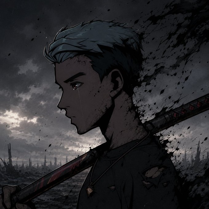 An anime-style illustration of a young male character with blue hair in profile view, holding a sword, set against a dark, dramatic background with cloudy skies and a desolate landscape.