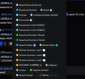 The image shows an overview of a list of available roles within the "@base discord" server, with various roles listed under different categories. Several roles are no longer available for claiming and can be accessed through this server only if they meet certain conditions or requirements. Some of these conditions include having a creator role or being part of the "Collected Roles" category. The post is primarily focused on discussing how to access specific roles in the "@base discord," which appears to have become somewhat of an criteria for a future airdrop.