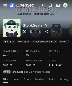 A screenshot of an OpenSea NFT collection page for 'StonkSeals' on the Robinhood Chain, showing 8,888 seals, a floor price of $0.17, and other collection statistics.