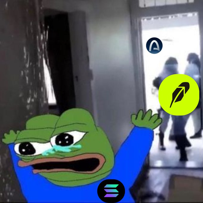A crying Pepe the Frog meme is overlaid on grainy footage of people in tactical gear entering a doorway, with logos for Aave (aave), Saber (SBR), and Solana visible. The image humorously personifies Solana's community pleading with Aave founder "Alon" to intervene and save the network from collapse.