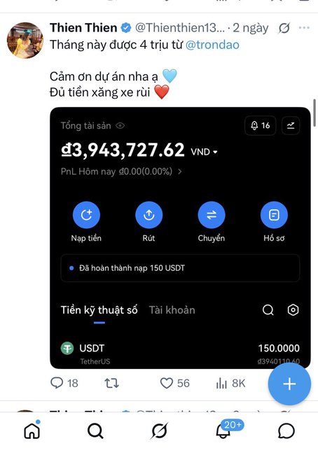 Vietnamese tweet by Thien Thien showing a crypto portfolio worth đ3,943,727.62 VND from @trondao with text thanking the project and mentioning earnings for fuel.