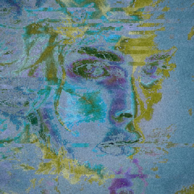 A stylized, pixelated or glitch-effect digital portrait of a woman's face rendered in blue, yellow, and green tones.