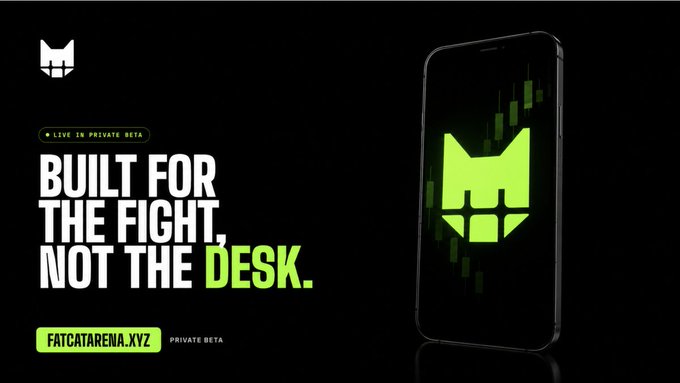Black promotional banner reading 'BUILT FOR THE FIGHT, NOT THE DESK' with 'FATCATARENA.XYZ PRIVATE BETA' for a mobile gaming app.