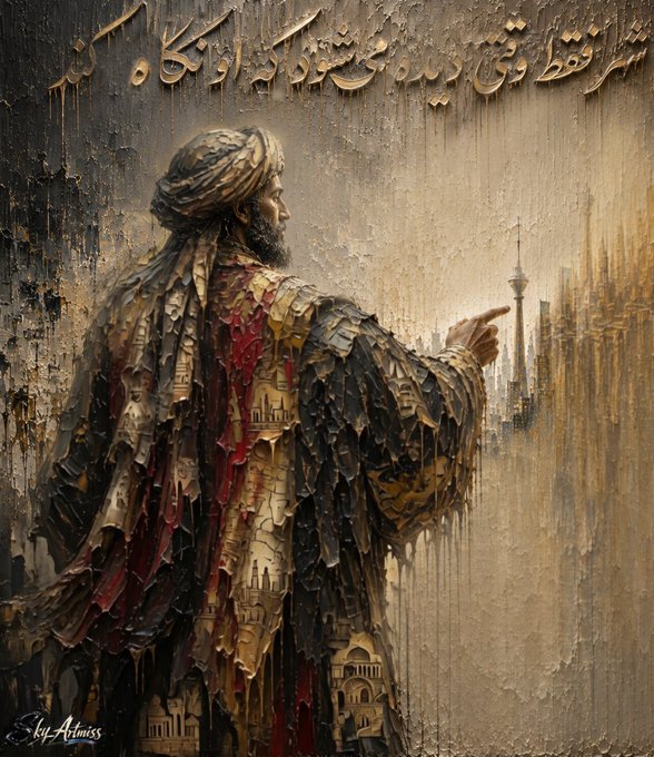 A textured painting of a bearded man in a tattered, patterned robe pointing toward a distant tower cityscape, with Arabic-style calligraphy across the top and the signature 'SkyArtness' at the bottom.