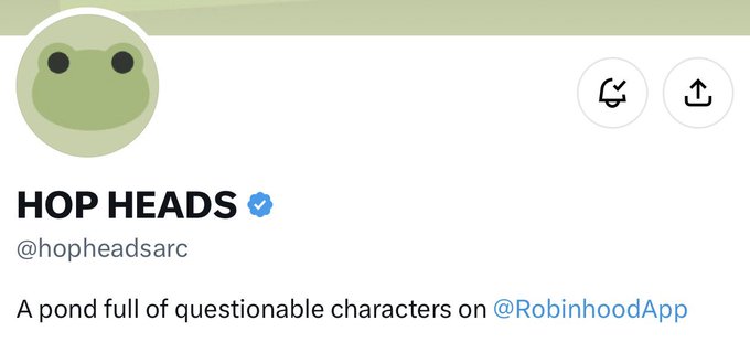 Twitter profile header for HOP HEADS (@hopheadsarc) featuring a green frog avatar and the bio 'A pond full of questionable characters on @RobinhoodApp'.