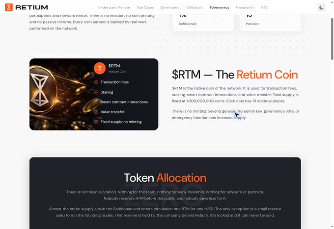 A webpage screenshot for RETIUM explaining "$RTM — The Return Coin," detailing its use for transaction fees, staking, and smart contract interactions, with a fixed total supply of 1,000,000,000 coins.