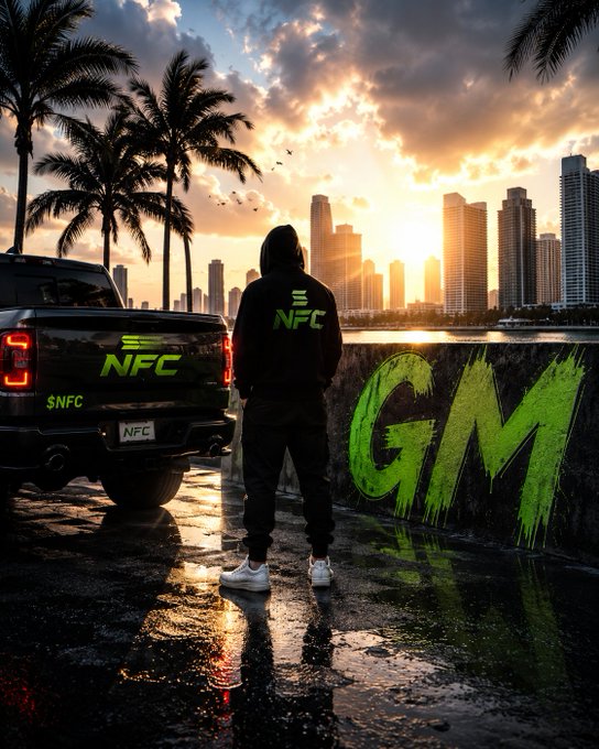 An AI-generated image shows a hooded figure facing a city skyline at sunset, standing next to a black pickup truck and a graffiti-covered wall, with prominent green text reading 'NFC' and 'GM'.