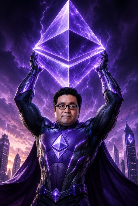 A meme image depicting a man in an Iron Man-style purple and black armored suit holding up a glowing Ethereum diamond logo against a stormy purple sky.