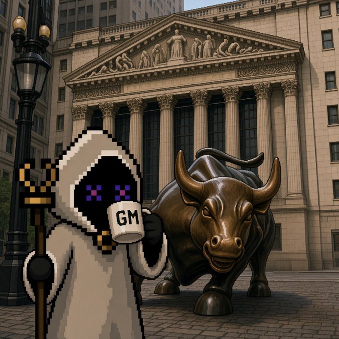 AI-generated or edited image of a pixel art grim reaper character holding a "GM" mug and a scepter, standing next to a bronze bull statue in front of the New York Stock Exchange building.