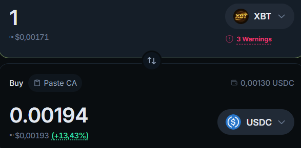 A cryptocurrency exchange interface showing a buy order for 0.00194 XBT with 0.00130 USDC, displaying a 3 Warnings notice.