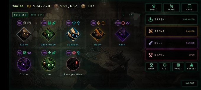 A video game interface screen for user 'faolee [1]' showing stats (9942/70, 961,652, 207), a collection of bots/mods including 'Slave', 'Destructo', 'Supabot', 'Beto', 'Hash', 'Cinco', 'Junx', and 'RavagerXMan', and menu options like Train, Arena, Duel, and Brawl.