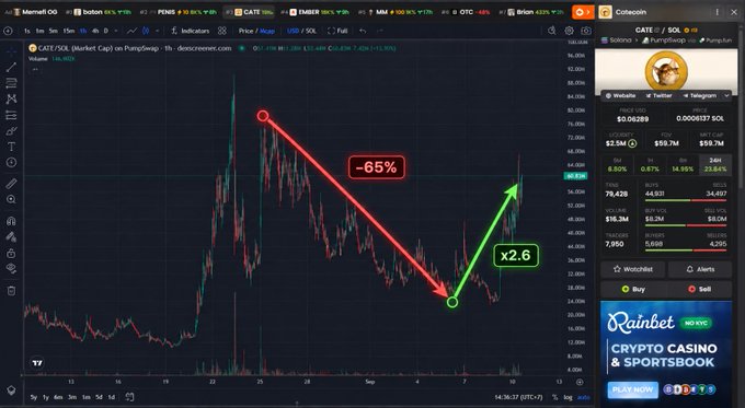 A cryptocurrency trading chart on Dexscreener showing GATE/SOL on Gate.io with a -65% drop annotation and a +2.6 recovery arrow, alongside a buy/sell panel.