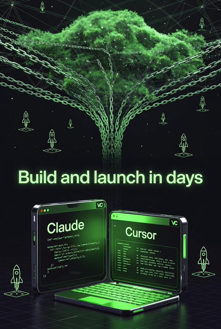 The image depicts a glowing green tree formed from chains and network nodes, with rockets launching upward around it, symbolizing rapid blockchain deployment. Below, two laptops display "Claude" and "Cursor" code editors, visually reinforcing the post's message that AI coding tools like these enable builders to "Build and launch in days" rather than months, allowing them to focus on products over infrastructure with @CNPYNetwork handling the chain.