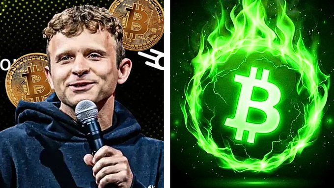 A split image shows a man with a microphone speaking next to Bitcoin coins on the left, while the right side features a glowing green Bitcoin symbol wreathed in fire.