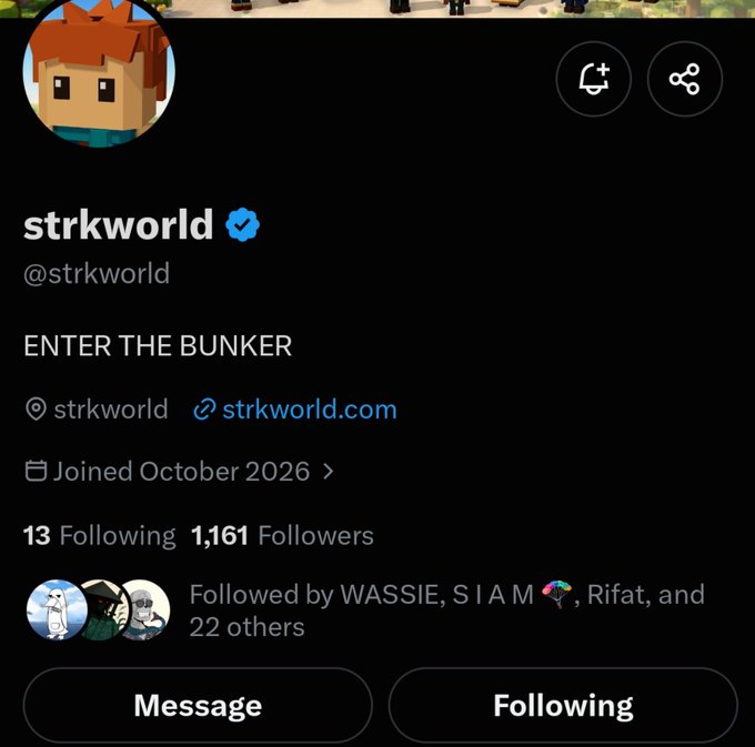 Screenshot of a Twitter profile for @strkworld displaying the bio 'ENTER THE BUNKER' and 1,161 followers.