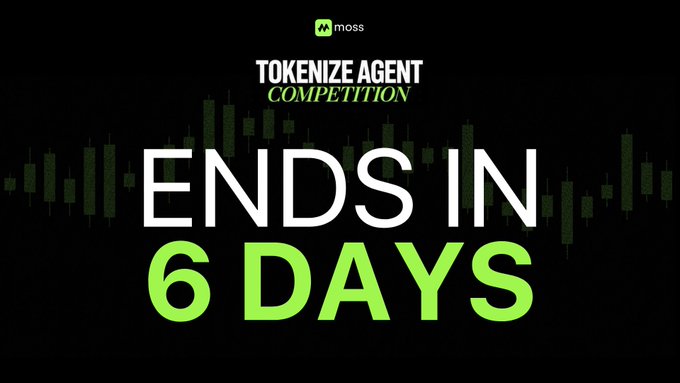 A black promotional graphic for moss announcing the Tokenize Agent Competition 'ENDS IN 6 DAYS' with green and white text.