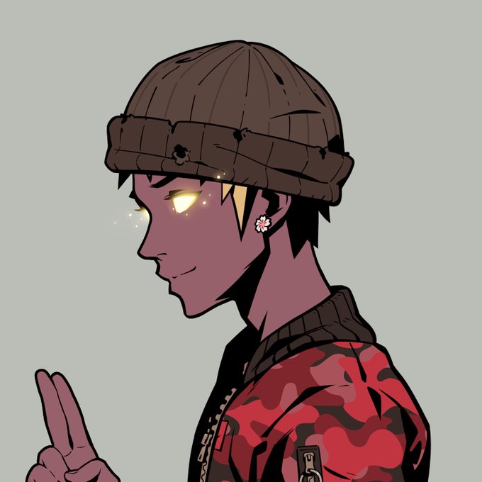 Anime-style profile illustration of a character wearing a brown beanie and red camouflage jacket, with glowing yellow eyes and a flower earring, making a peace sign against a gray background.