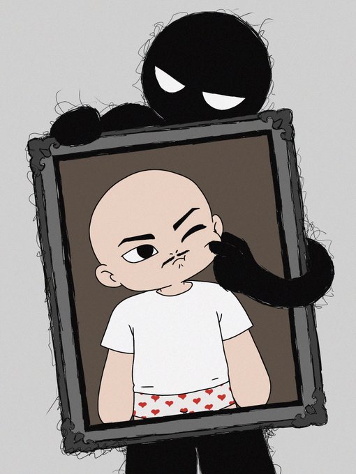 An illustration shows a black, shadowy figure with glowing white eyes peeking from behind a framed picture, pinching the cheek of the bald child depicted inside.