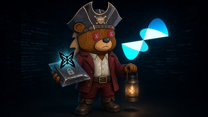 Digital artwork featuring a pirate-themed teddy bear character in a tricorn hat with X eyes, wearing a red coat, holding a locked silver package and a lantern, with an "X" logo in a starburst and a blue X-shaped symbol against a dark background.