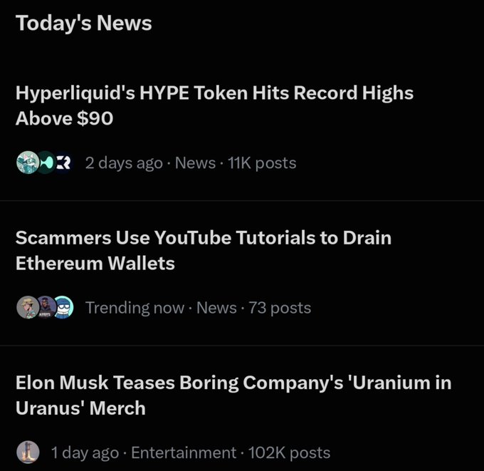A 'Today's News' feed displaying headlines including 'Hyperliquid's HYPE Token Hits Record Highs Above $90' (2 days ago, 11K posts), 'Scammers Use YouTube Tutorials to Drain Ethereum Wallets' (Trending now, 73 posts), and 'Elon Musk Teases Boring Company's "Uranium in Uranus" Merch' (1 day ago, Entertainment, 102K posts).