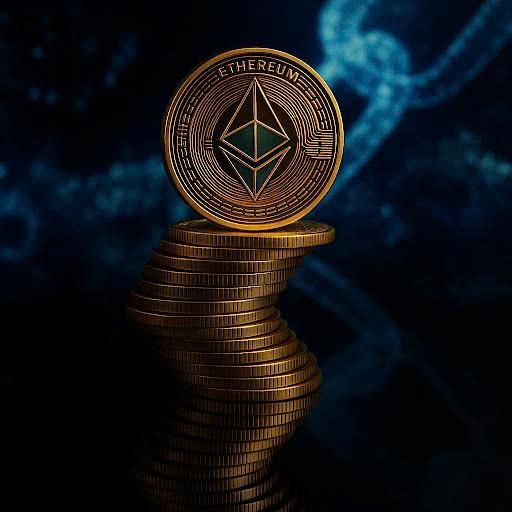 A stack of gold-colored Ethereum coins topped with a single featured coin bearing the "ETHEREUM" name and diamond-shaped logo, set against a dark blue background with a glowing blockchain network design—visually representing the accumulation of ETH holdings discussed in the post about Bitmine nearing its 5% Ethereum ownership goal.